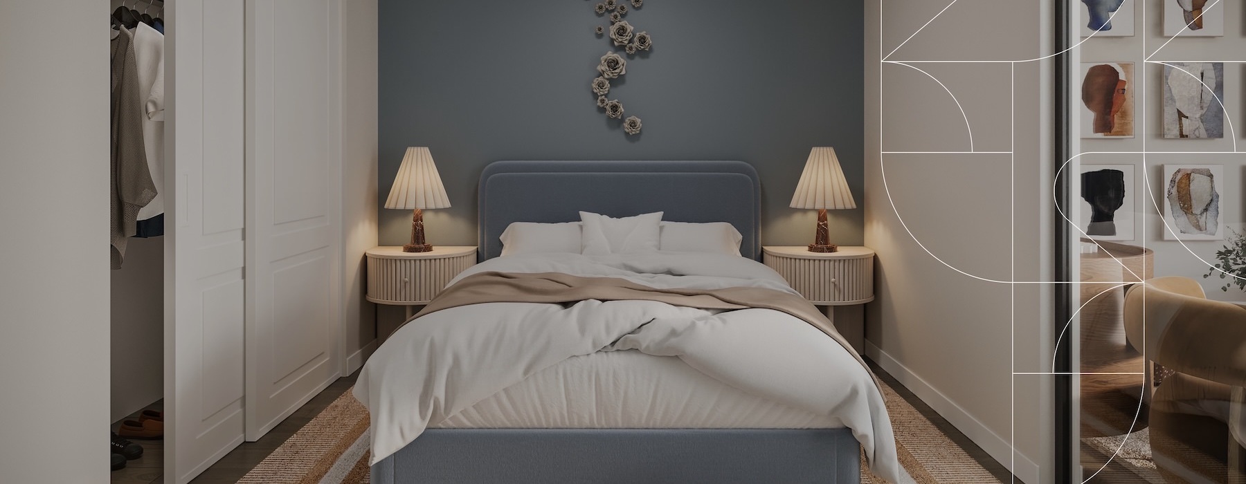 a bedroom with a bed and lamps